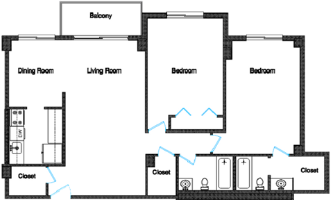 Floor plan for 2 beds, 2 baths, 1051 sqft